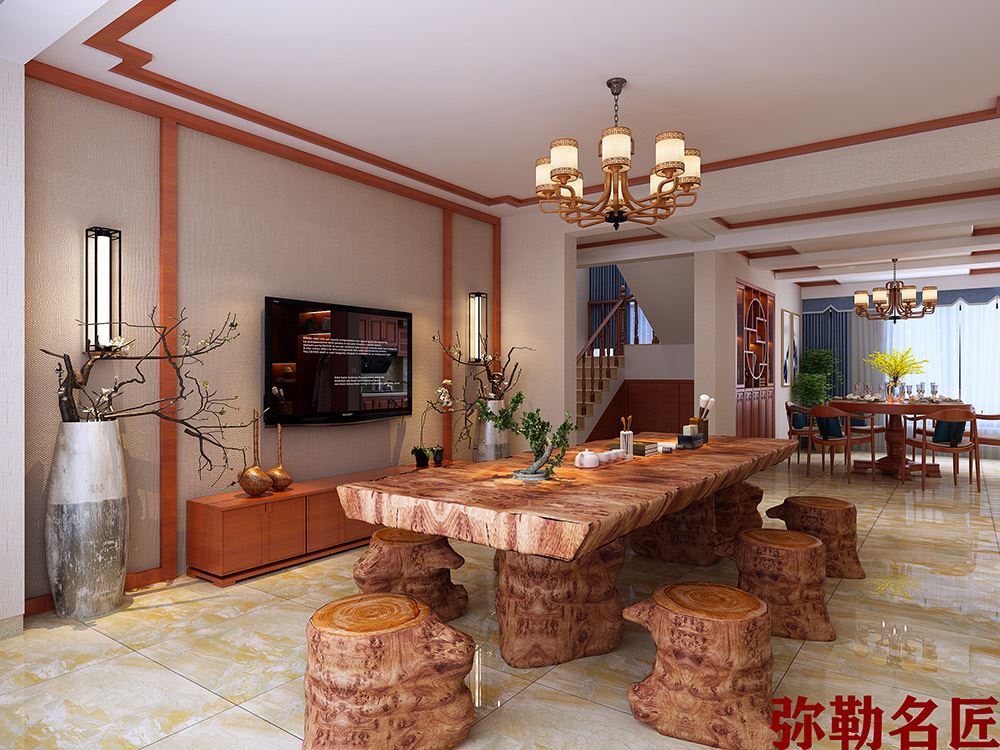 新中式风格室内装修效果图-盛世家园复式240平米