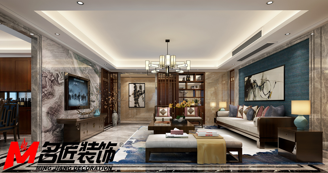 新中式风格室内装修设计效果图-御景江南三居133平米-室内装修设计客厅