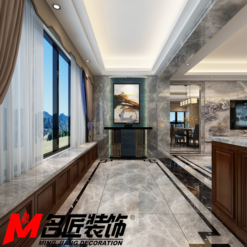 新中式风格室内装修设计效果图-御景江南三居133平米-室内装修设计玄关