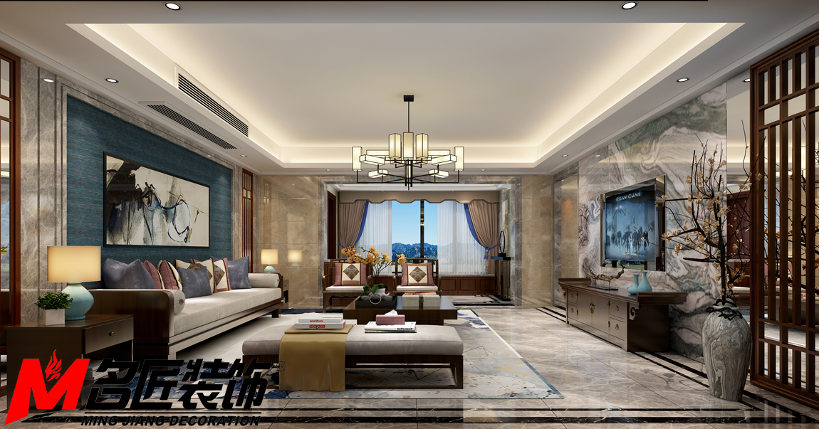 新中式风格室内装修设计效果图-御景江南三居133平米-室内装修设计客厅