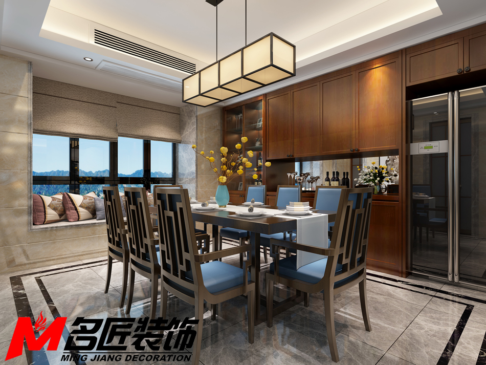新中式风格室内装修设计效果图-御景江南三居133平米-室内装修设计餐厅