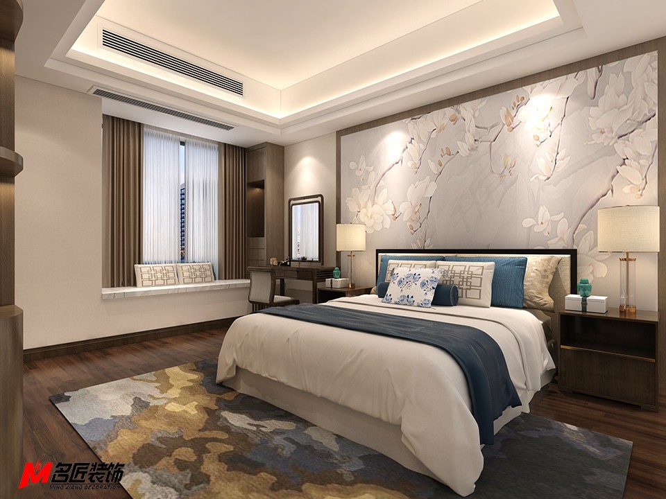 新中式风格室内装修设计效果图-中海寰宇三居123平米-室内装修设计卧室