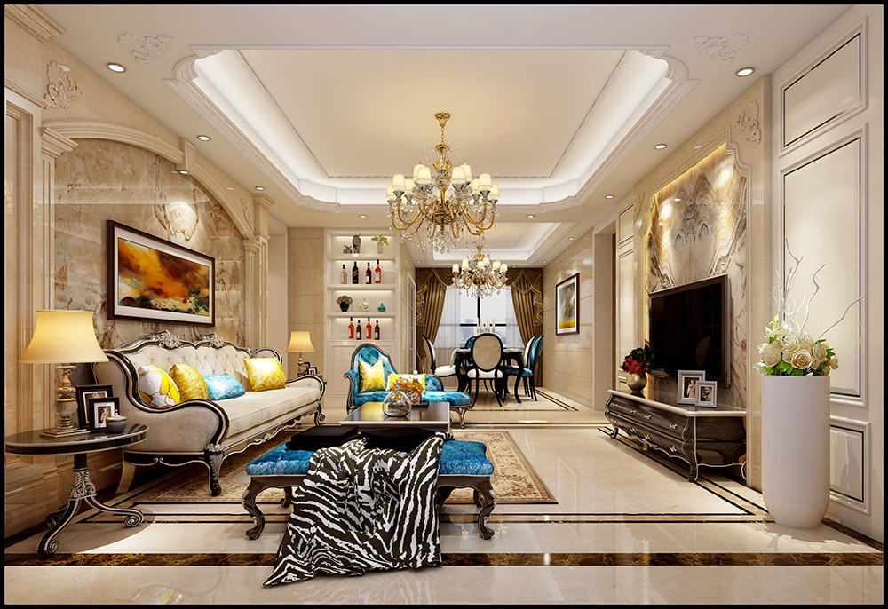 欧式风格室内装修设计效果图-龙光水悦熙园三居105平米-室内装修设计客厅