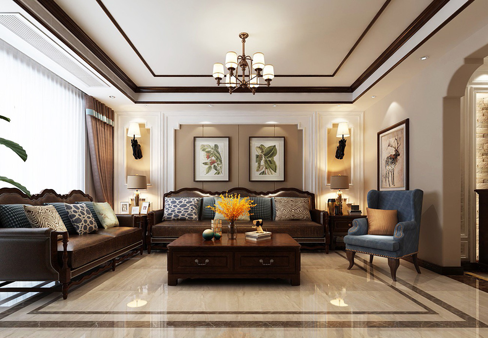 美式风格室内装修效果图-恒大御景半岛平层280平米-室内客厅天花