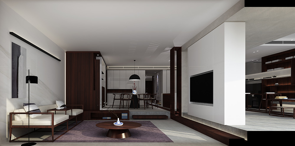 新中式风格室内装修设计效果图-雅颂流花君庭平层-室内客厅装修设计