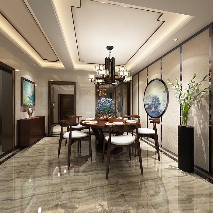新中式风格别墅装修设计效果图-海琴水岸别墅365平米-别墅装修设计餐厅