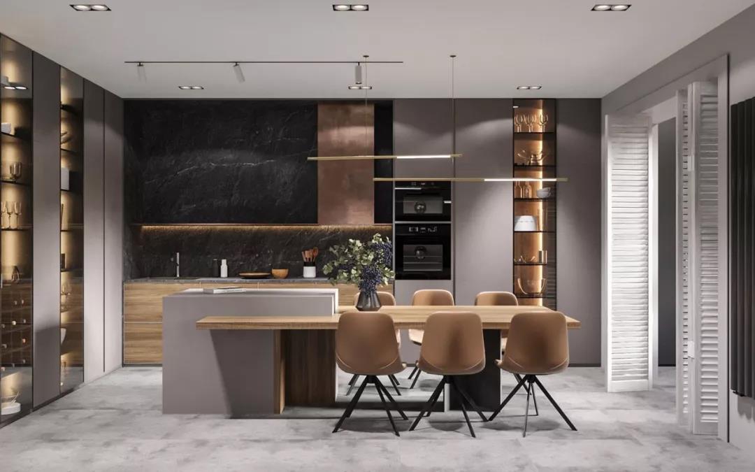 高级灰+原木色现代风格室内装修设计效果图-万达华府四居140平米-餐厅
