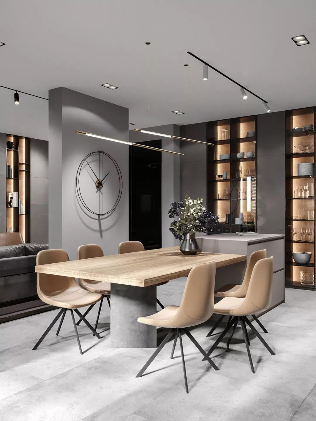 高级灰+原木色现代风格室内装修设计效果图-万达华府四居140平米-餐厅
