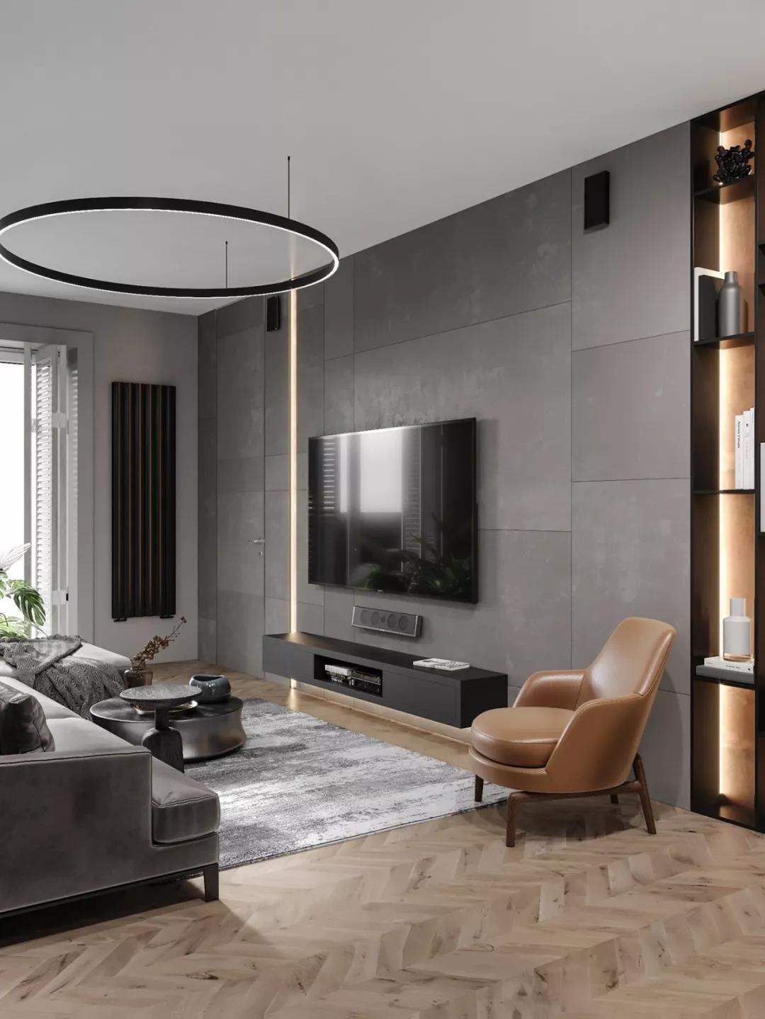 高级灰+原木色现代风格室内装修设计效果图-万达华府四居140平米-客厅