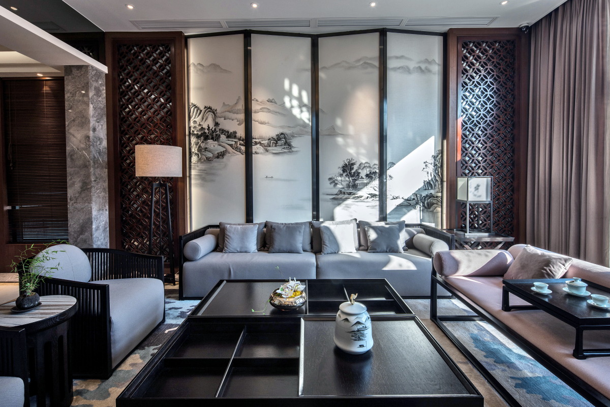 新中式风格家装设计室内装修效果图-客厅沙发背景墙
