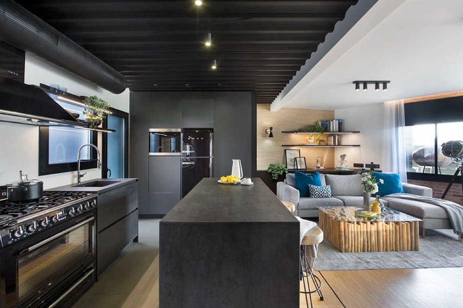 现代工业风格室内家装案例效果图-厨房岛台