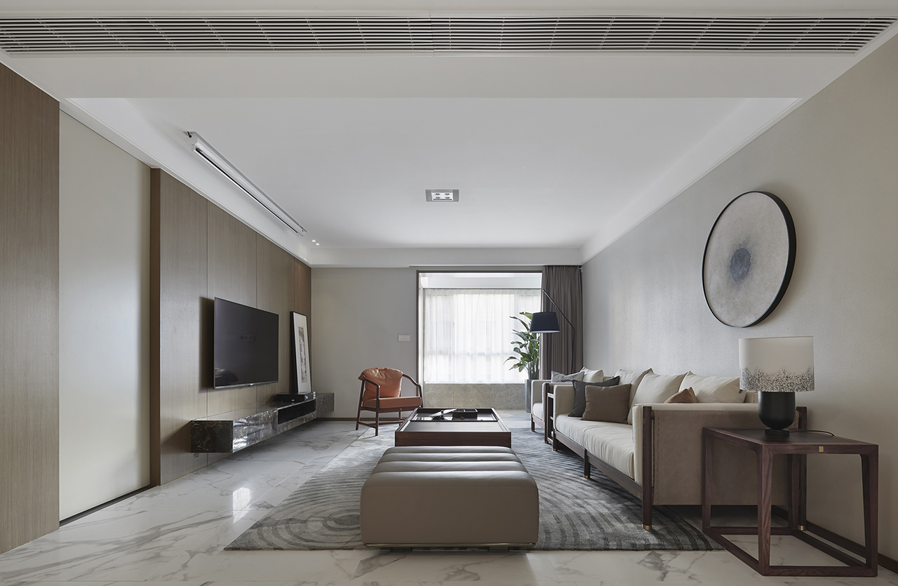 简约新中式风格室内家装案例效果图-客厅全景
