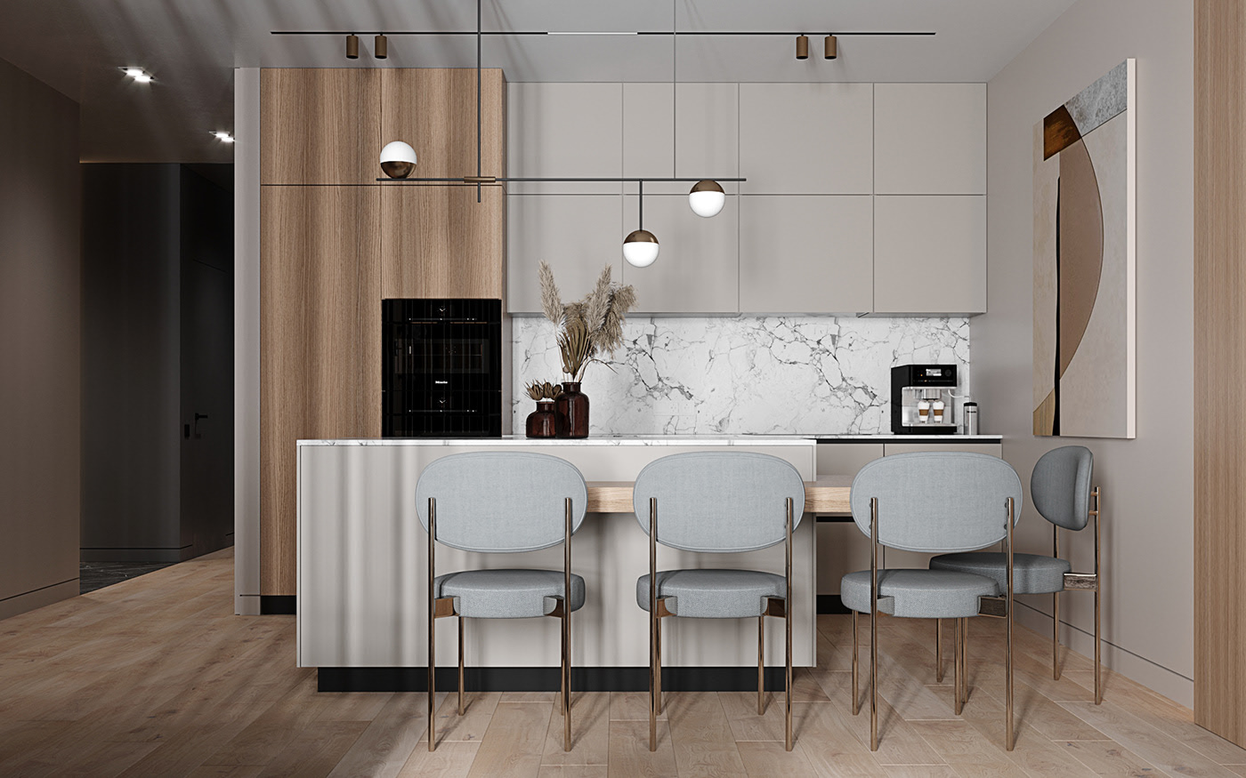 现代轻奢风格室内家装案例效果图-开放式厨房